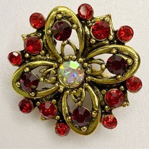 Vintage-Inspired Gold Flower Brooch with Red and Aurora Crystal Accents NWOT